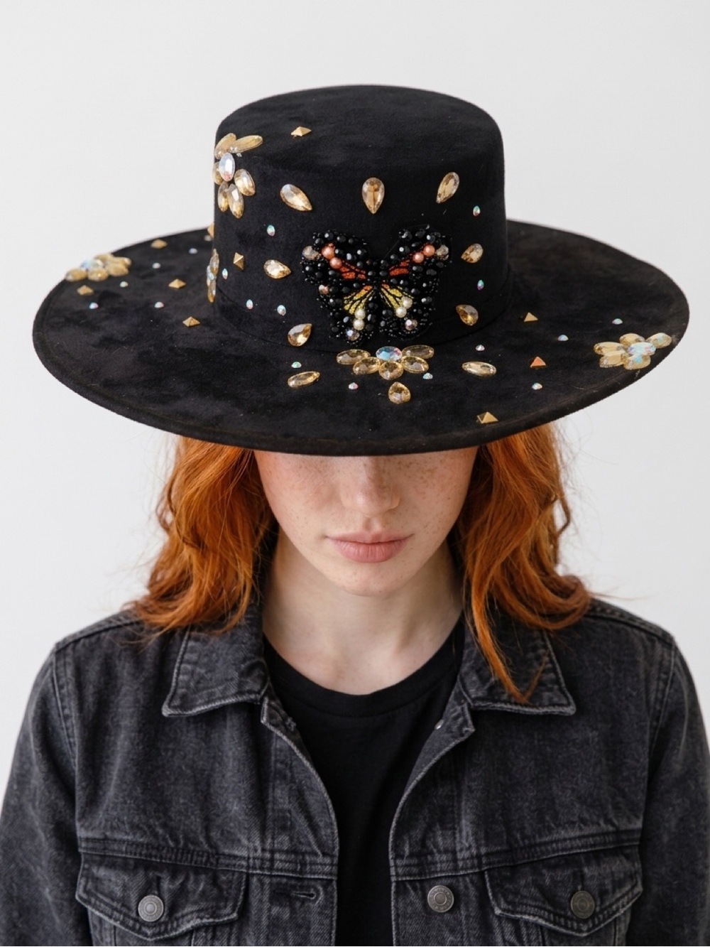Black Wide-Brim Jeweled Butterfly Hat